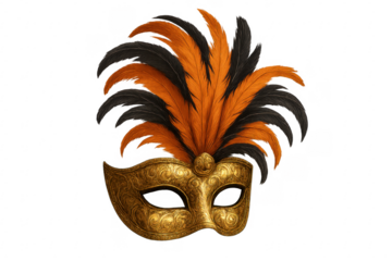 Venetian carnival mask with golden ornate details and feathers