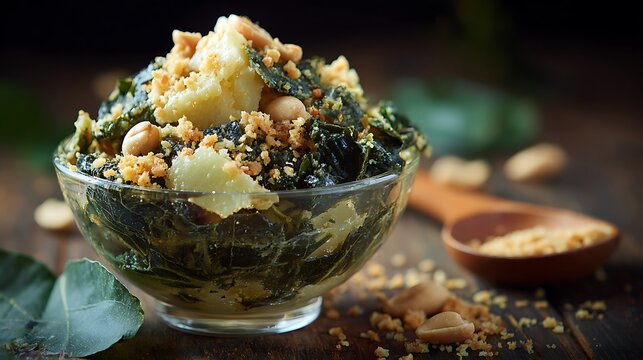 Angolan Kizaca isolated in a transparent bowl, boiled cassava leaves with ground peanuts, green and golden light highlighting creamy texture