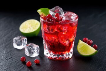 Crystal glass filled with vibrant cranberry cocktail, garnished with lime and ice cubes, set against a dark background, creating an inviting and refreshing drink scene