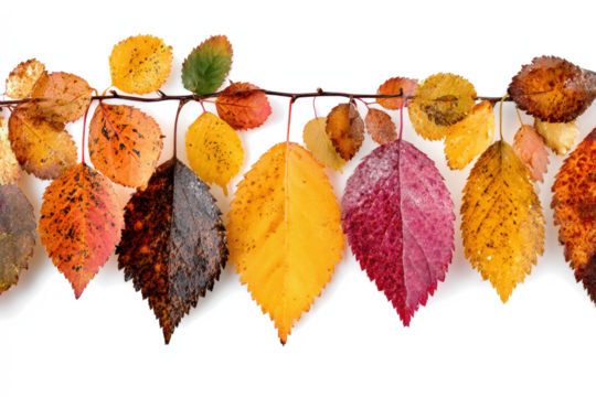 Autumn leaves in a row colorful seasonal foliage isolated on white background - Powered by Adobe