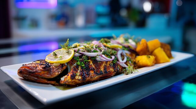 Angolan Mufete isolated on a large white plate, grilled fish garnished with onion and lemon, served with banana, sweet potato, cassava and oil sauce