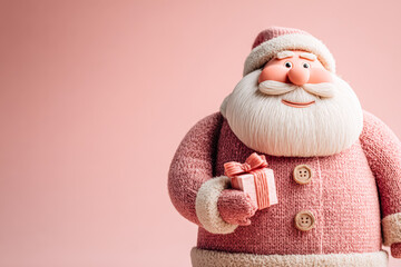 Cheerful Santa Claus holding a gift box in a cozy pink background for Christmas celebration