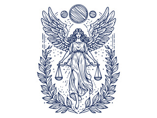 Obraz premium Mystical, Elegant and celestial Libra Zodiac Sign Goddess with Scales of Justice and Astrological Elements, Line art and Silhouette illustration.