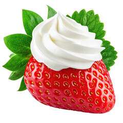 Fresh strawberry topped with whipped cream. Lush, vibrant red strawberry with white whipped cream.  Fresh green leaves garnish