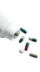 Open white medicine bottle with pills spilling out