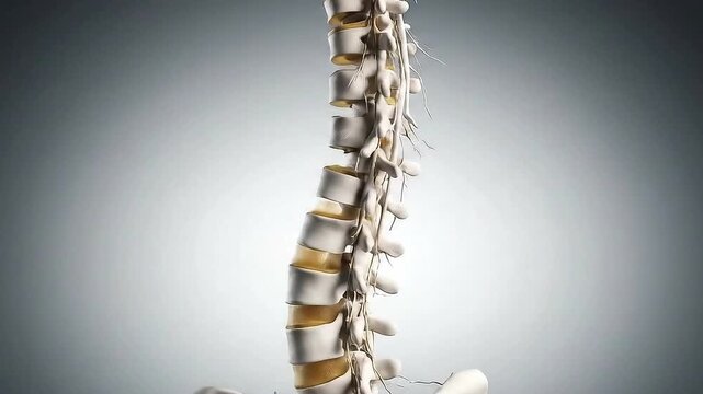 Medical Animation of Human Spine Vertebrae Isolated on Gray Background Displaying Anatomy and Skeletal Structure Bone Formation and Healthcare Theme, Studio Shot