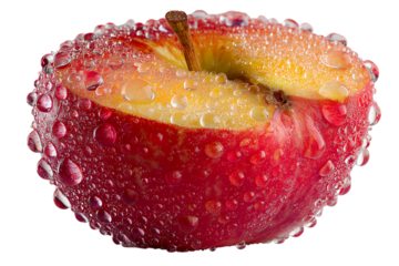 close up of an apple, red ripe apple isolated on clear background, white PNG crop style,