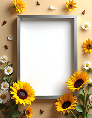 Obraz premium Floral frame with sunflowers and daisies on a beige background