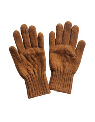 Two tan-colored knitted gloves, displayed open-hand facing forward.  The knit fabric has a subtle ribbed texture