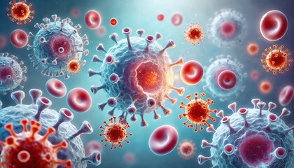 Vibrant medical illustration depicting immune system T-cells interacting with HIV virions, showcasing gradients and glowing highlights in a clean design.