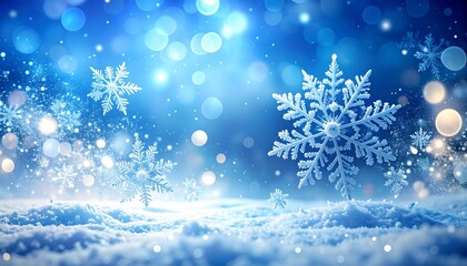 Beautiful winter scene with snowflakes and a blurred blue background