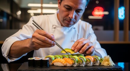 Sushi Chef Preparing Rolls with Avocado Decoration Expertise
