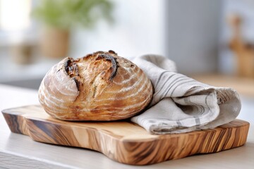 Rustic burnt wood cutting board with artisan bread and linen napkin, beautifully arranged in a cozy kitchen setting, showcasing culinary craftsmanship and warm ambiance