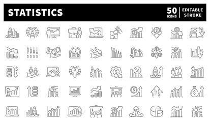 Statistics vector icons. Collection of 50 linear icon related to statistics. Data analytics and statistics.Charts, diagrams, and performance metrics icons