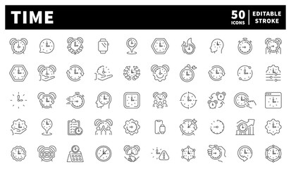 Time management icons set – editable line icons, linear, clock, countdown symbols