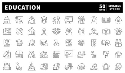 Education icons set: editable line icons, outline and academic symbols