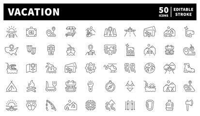 Vacation icons set: editable line icons - linear, outline, travel, holiday symbols