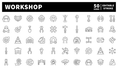 Workshop tools icons set – editable line, outline, diy and engineering symbols