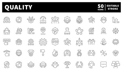 Quality assurance icons set – editable line icons, outline, certification, evaluation symbols