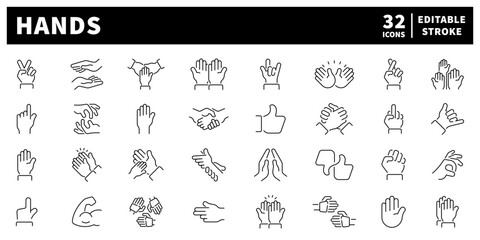Hands vector icons in line style. Hands gestures linear icons set. Outline hands gestures icons