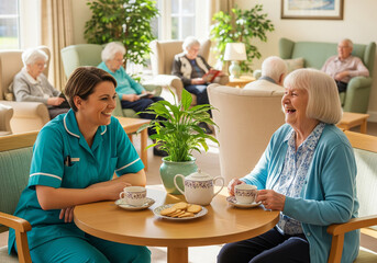 Happy caregiver providing companionship to elderly resident in nursing home lounge, wellness and quality of life concept, elder care service branding, retirement home marketing, senior care ads