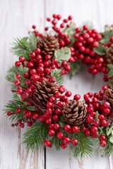 Rustic wreath adorned with cranberry red berries and pinecones, showcasing natural elements and textures, perfect for seasonal decor and festive ambiance with copy space