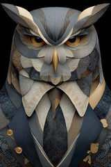 Elegant owl dressed in a suit with intricate patterns and textures