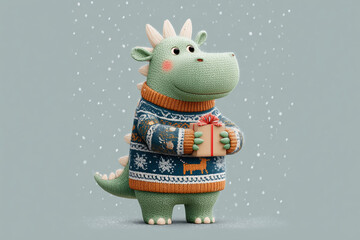 Little dinosaur holds a gift with joy in a winter wonderland setting