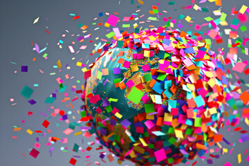 A confetti-filled globe, spinning on its axis, with colorful paper squares representing the diverse cultures and celebrations of birthdays worldwide.