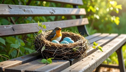 Bird Nest with Eggs on a Wooden Bench, Nature, Spring, and Beautiful Outdoors