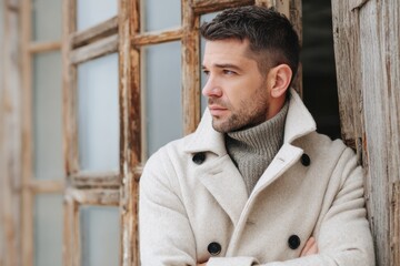 Fashion portrait of man in stylish burnt wood wool coat, leaning against rustic wooden wall, showcasing modern elegance and contemporary style with copy space