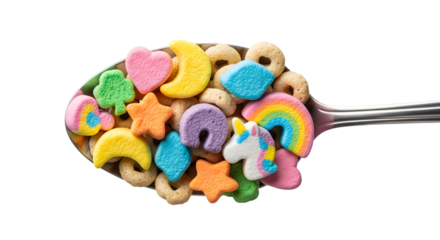 Colorful lucky charms cereal marshmallows on a spoon isolated on transparent background