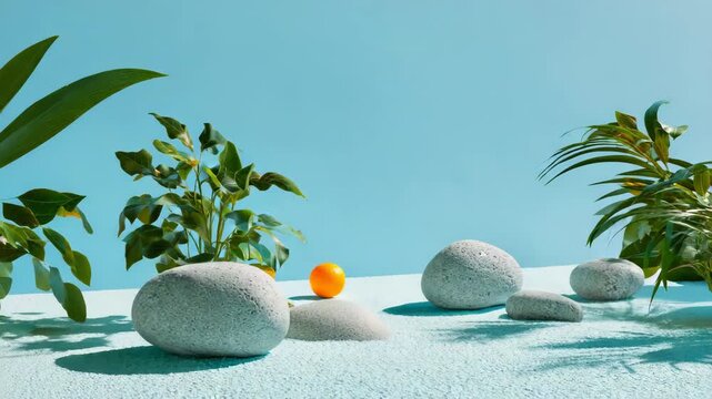 Ultra HD Scenic arrangement of stones, plants, and an orange against a vibrant blue backdrop video