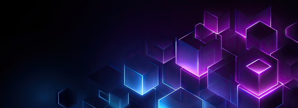 Abstract glowing cubes with neon edges float against a dark gradient background