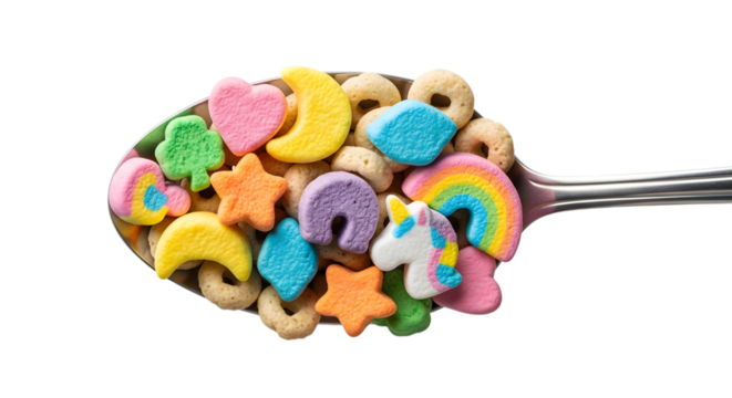 Colorful lucky charms cereal marshmallows on a spoon isolated on transparent background