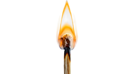 Close up of a lit match with a bright orange flame isolated on transparent background