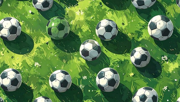 Aesthetic illustration of soccer balls on a lush green field background