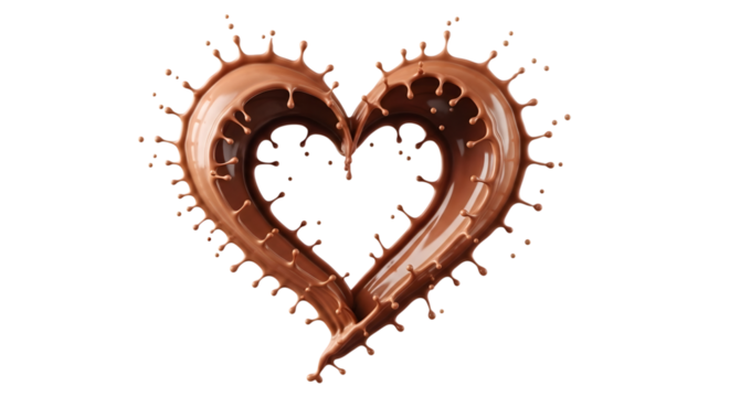 Liquid chocolate heart shape splashing with droplets isolated on transparent background