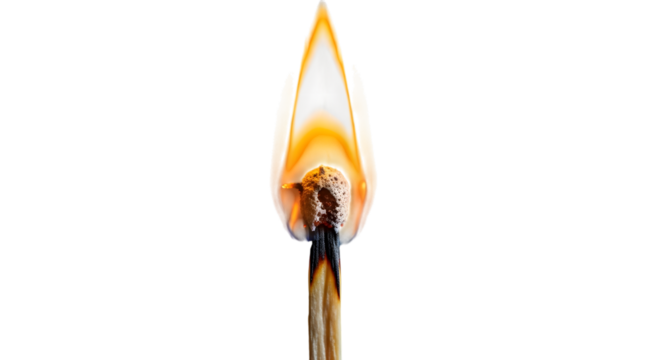 Close up of a lit match with a bright orange flame isolated on transparent background