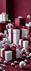 Luxury Christmas Gifts: Stacked White Boxes with Burgundy Ribbons, Silver Ornaments, and Festive Vertical Background

