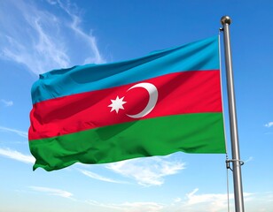 Flag of Azerbaijan Waving Against the Blue Sky