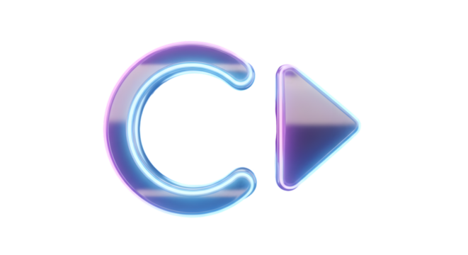 Glossy iridescent letter c next to a play button icon isolated on transparent background