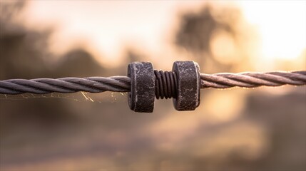 Close up of a rusty bolt and wire rope against a soft sunset background