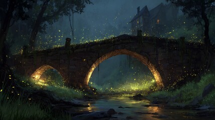 Enchanted stone arch bridge illuminated by fireflies over a peaceful forest stream at night, leading to an old house in a mystical, serene landscape.