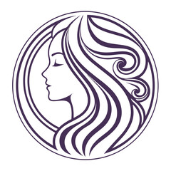 Elegant woman with long flowing hair in a circle, a symbol of beauty, health, and wellness isolated on white background