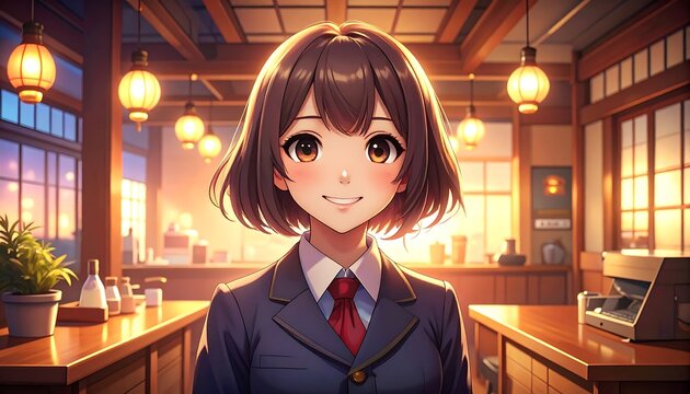 Anime Girl Smiling in a Restaurant or Cafe, Smiling Anime Character