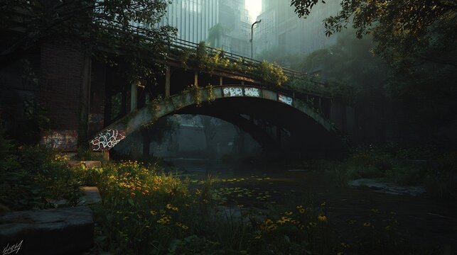 Overgrown Arched Bridge with Wild Yellow Flowers and Dark Stream in a Misty Post-Apocalyptic City