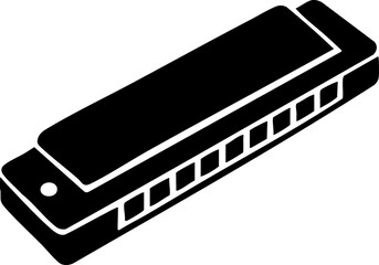 Silhouette of a harmonica displaying rectangular body with multiple holes as a free reed instrument.