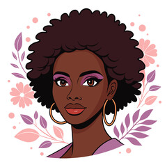 Portrait of a beautiful african american woman with afro hair, wearing gold hoop earrings isolated on white background