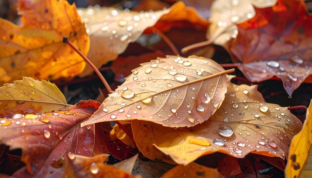 Autumn Leaves Covered in Water Droplets: A Close-Up Nature Shot
